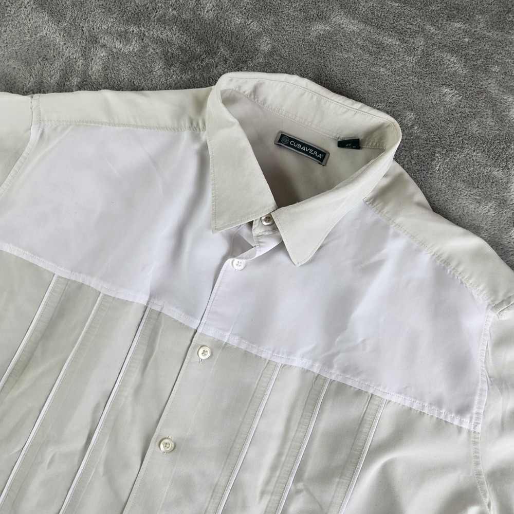 Cubavera Shirt Mens 2X Beige White Short Sleeve‎ Classic Retro Rockabilly Cuban